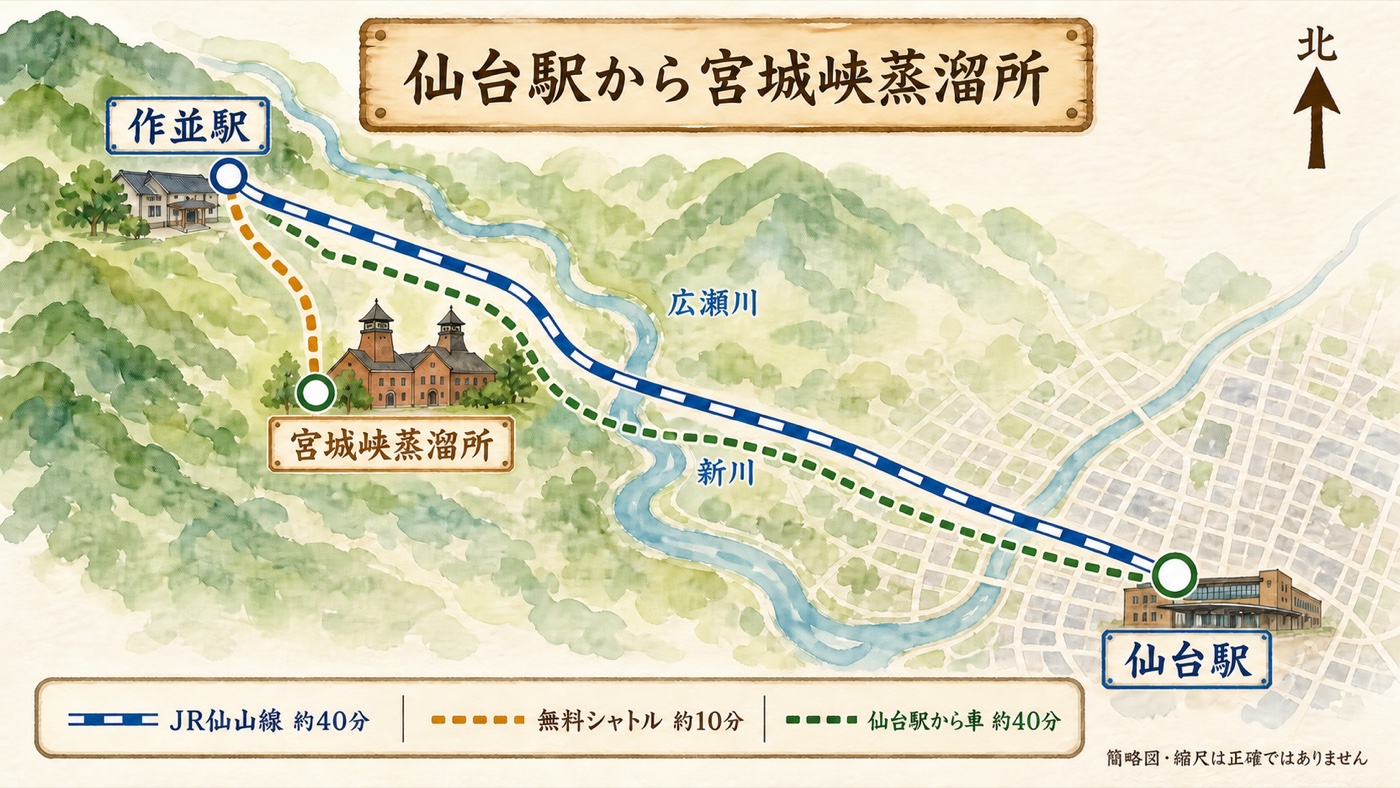 仙台駅から北西の作並駅へJR仙山線で移動し無料シャトルで宮城峡蒸溜所へ向かう位置関係の簡易地図