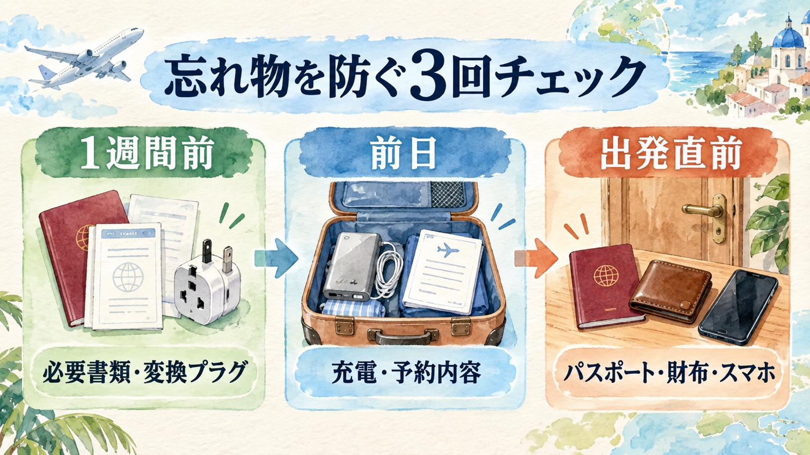 1週間前、前日、出発直前に海外旅行の持ち物を確認する水彩インフォグラフィック