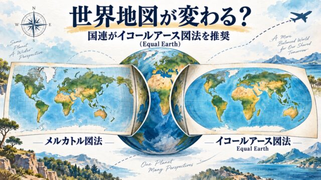 世界地図が変わるという見出しとメルカトル図法・イコールアース図法を比較した水彩アイキャッチ