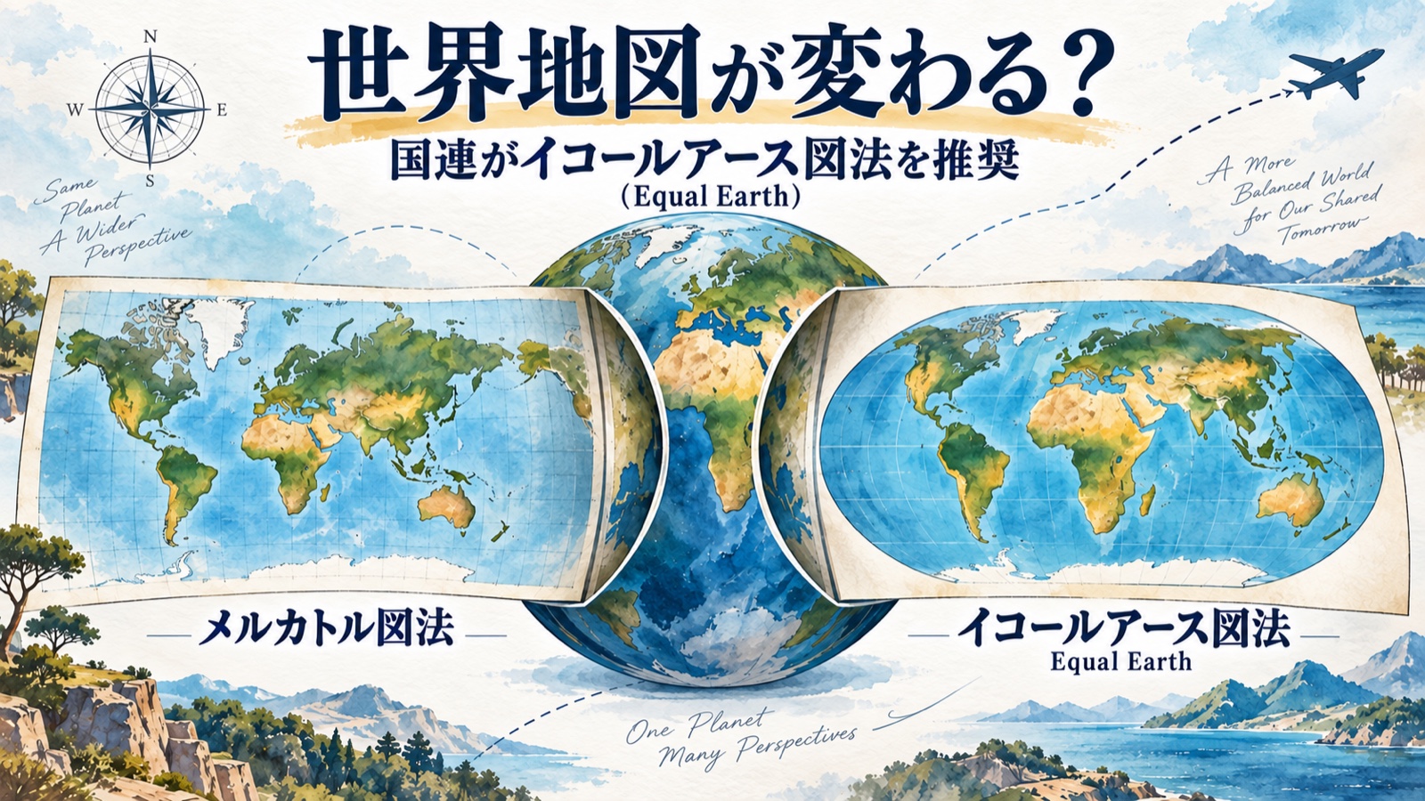 世界地図が変わるという見出しとメルカトル図法・イコールアース図法を比較した水彩アイキャッチ