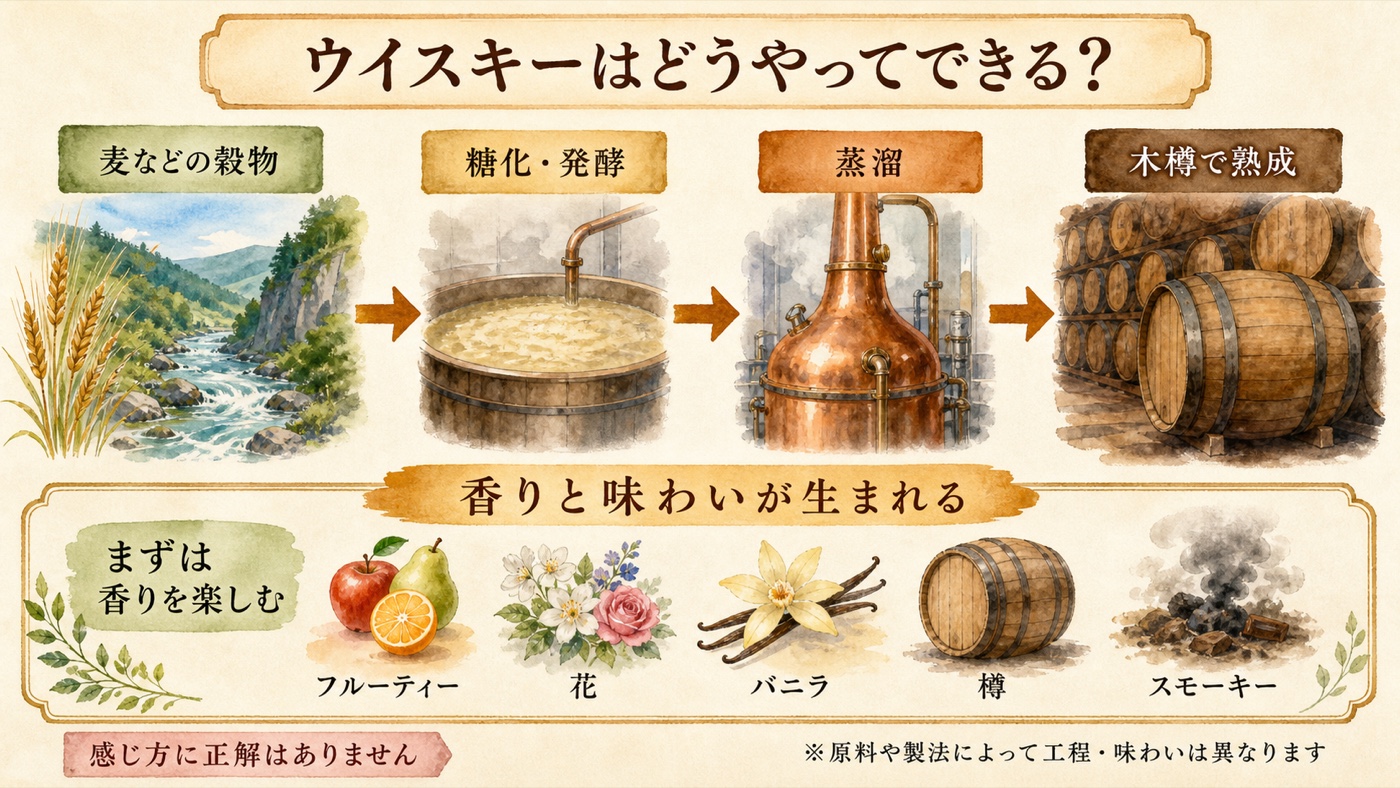 穀物から糖化・発酵、蒸溜、木樽熟成を経てウイスキーができる流れ