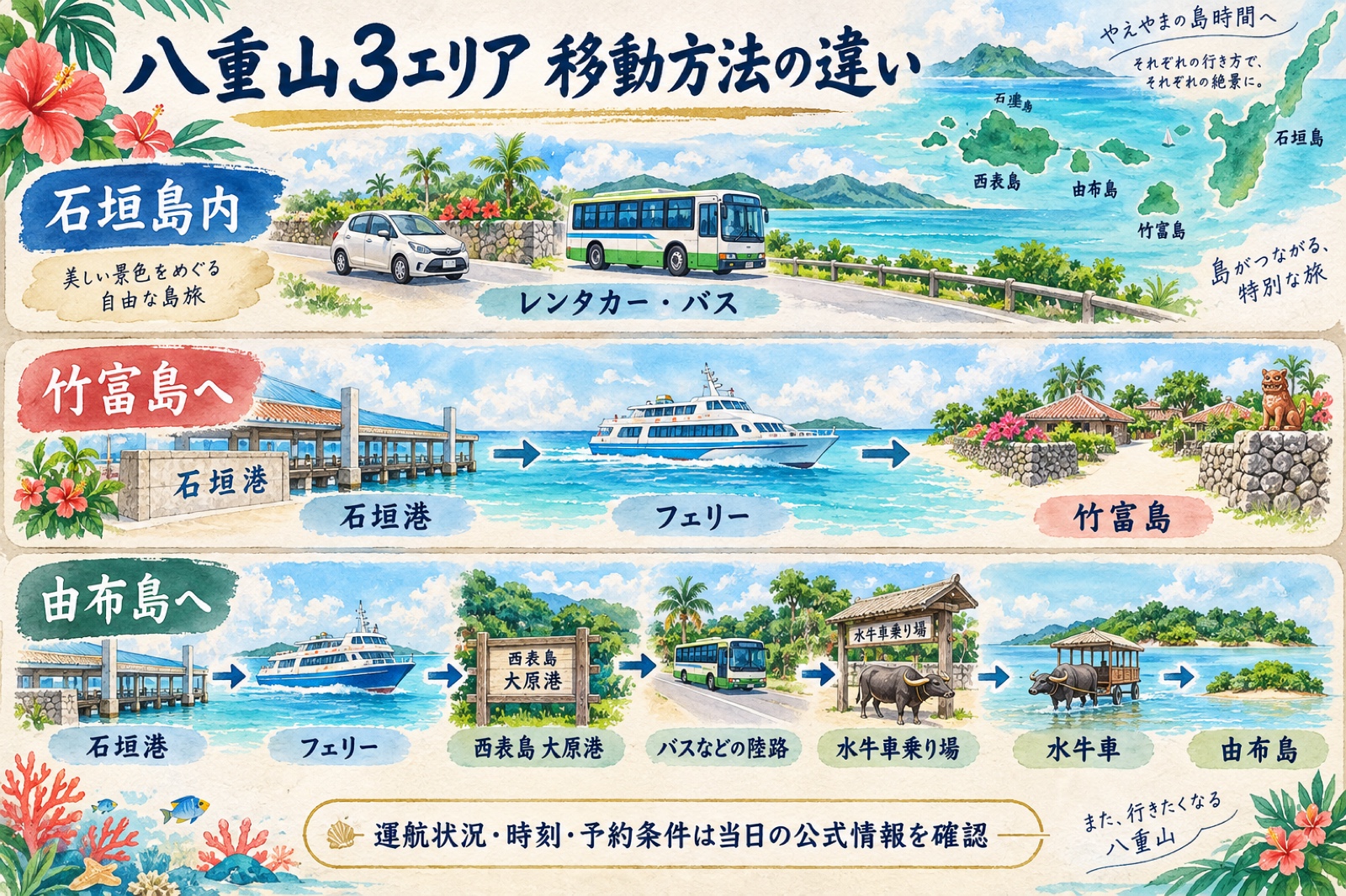 石垣島内は車かバス、竹富島は石垣港からフェリー、由布島は西表島大原港と陸路を経て水牛車で向かう流れの水彩図解