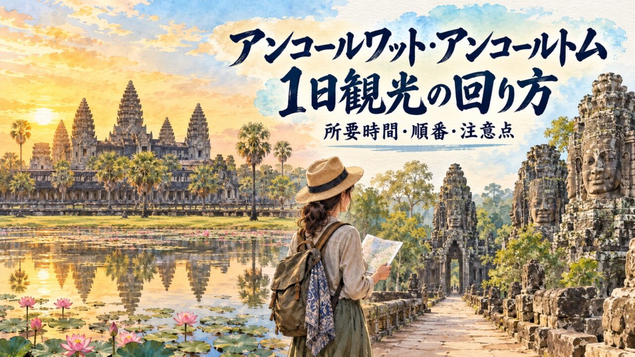 朝日のアンコールワットとバイヨンを水彩で描いた1日観光の回り方のアイキャッチ