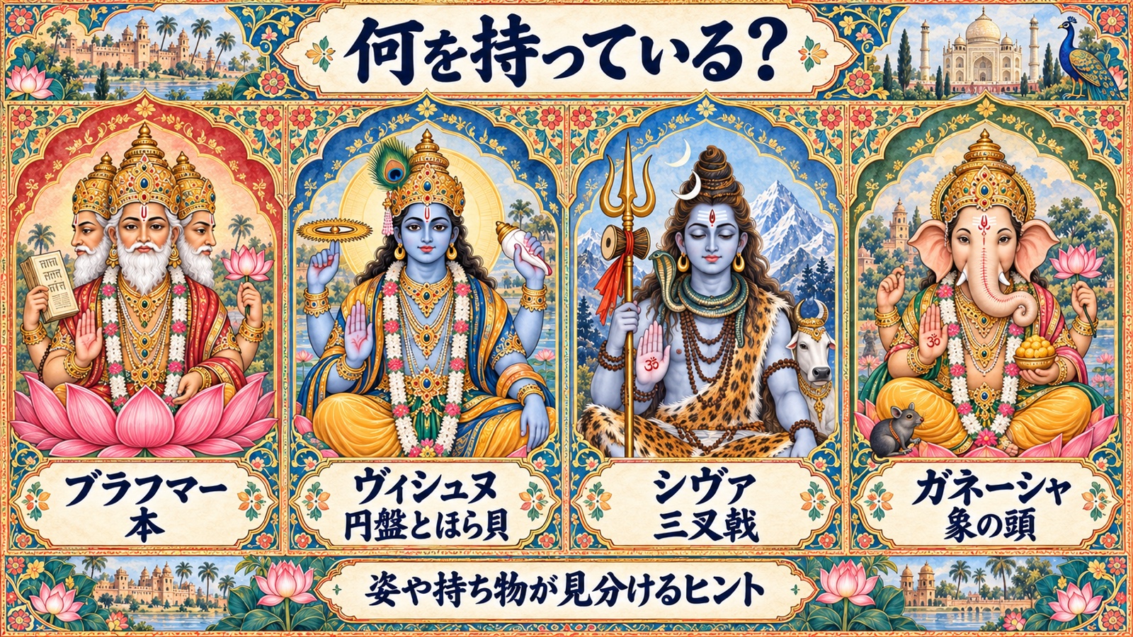 ブラフマーの本、ヴィシュヌの円盤とほら貝、シヴァの三叉戟、ガネーシャの象の頭を示す図解