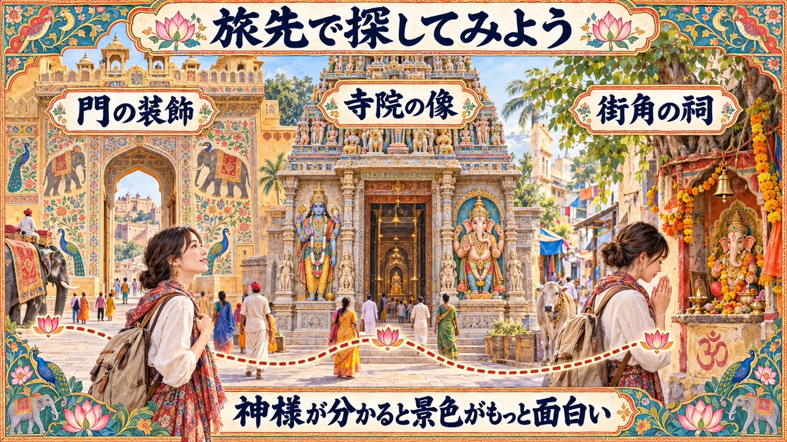 インド旅行中に門、寺院、街角の祠で神様の特徴を探す旅行者の水彩図解