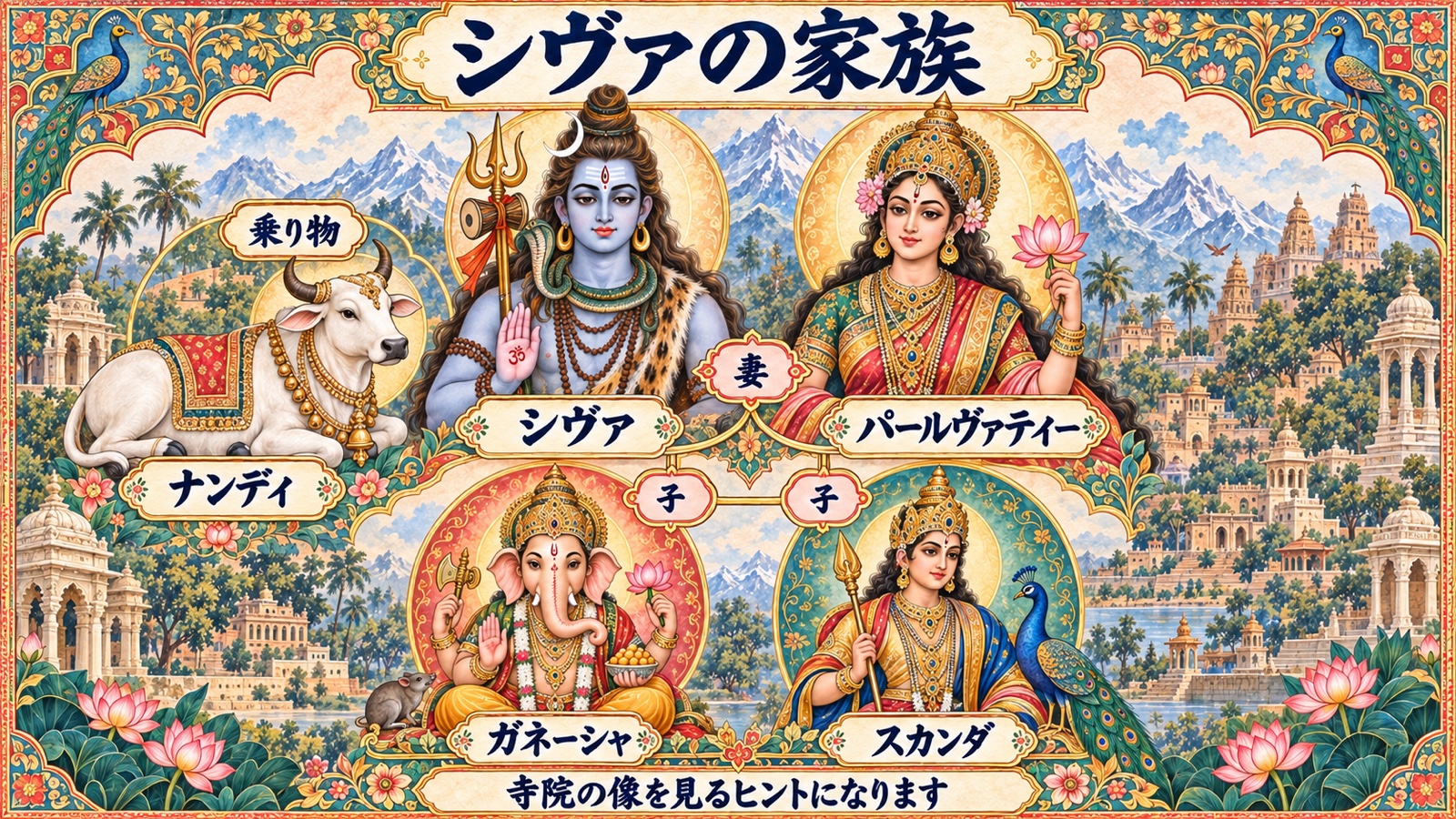 シヴァと妻パールヴァティー、子のガネーシャとスカンダ、牡牛ナンディを示す図解