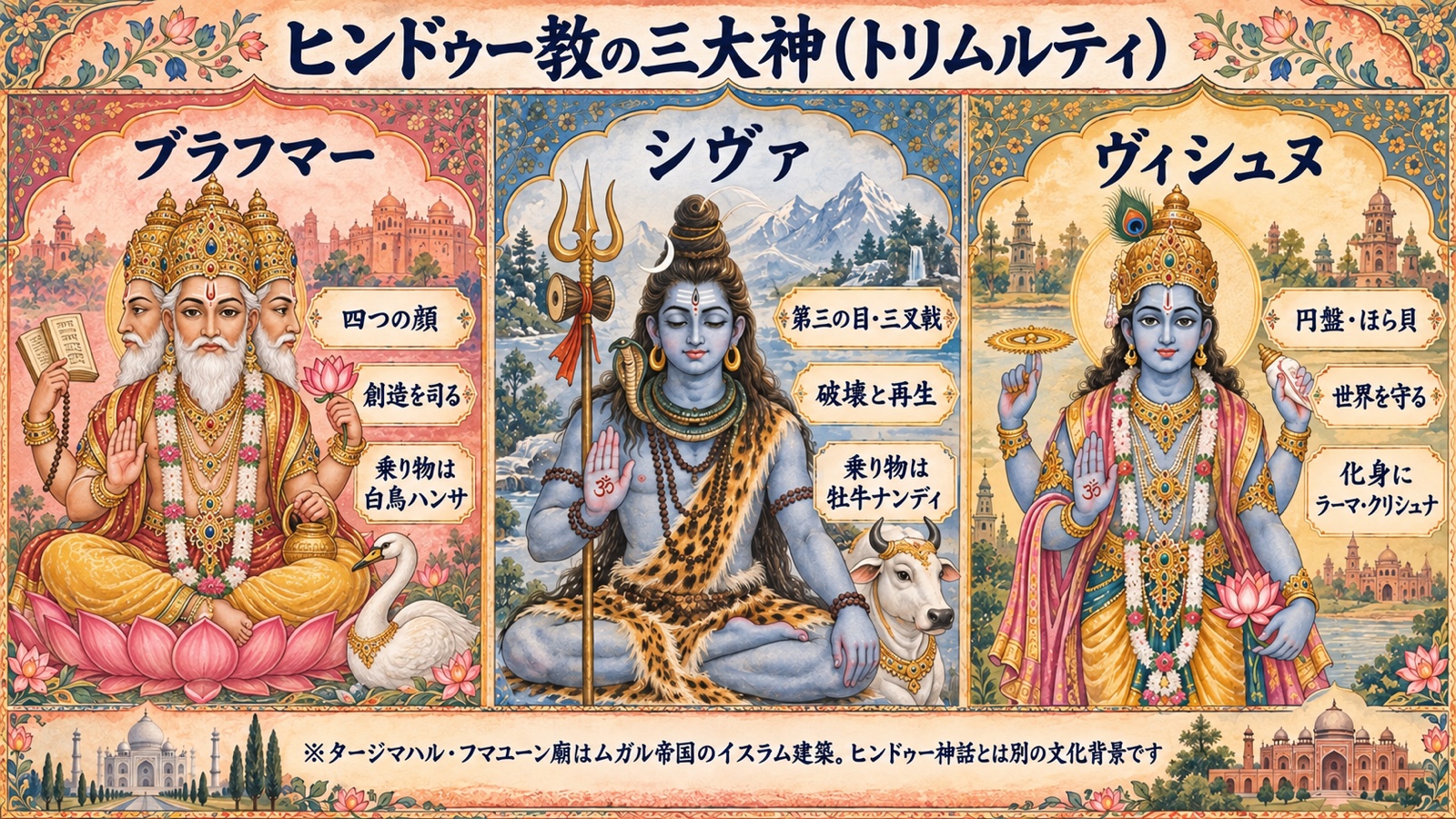 ヒンドゥー教の三大神ブラフマー・ヴィシュヌ・シヴァの役割を示す水彩図解