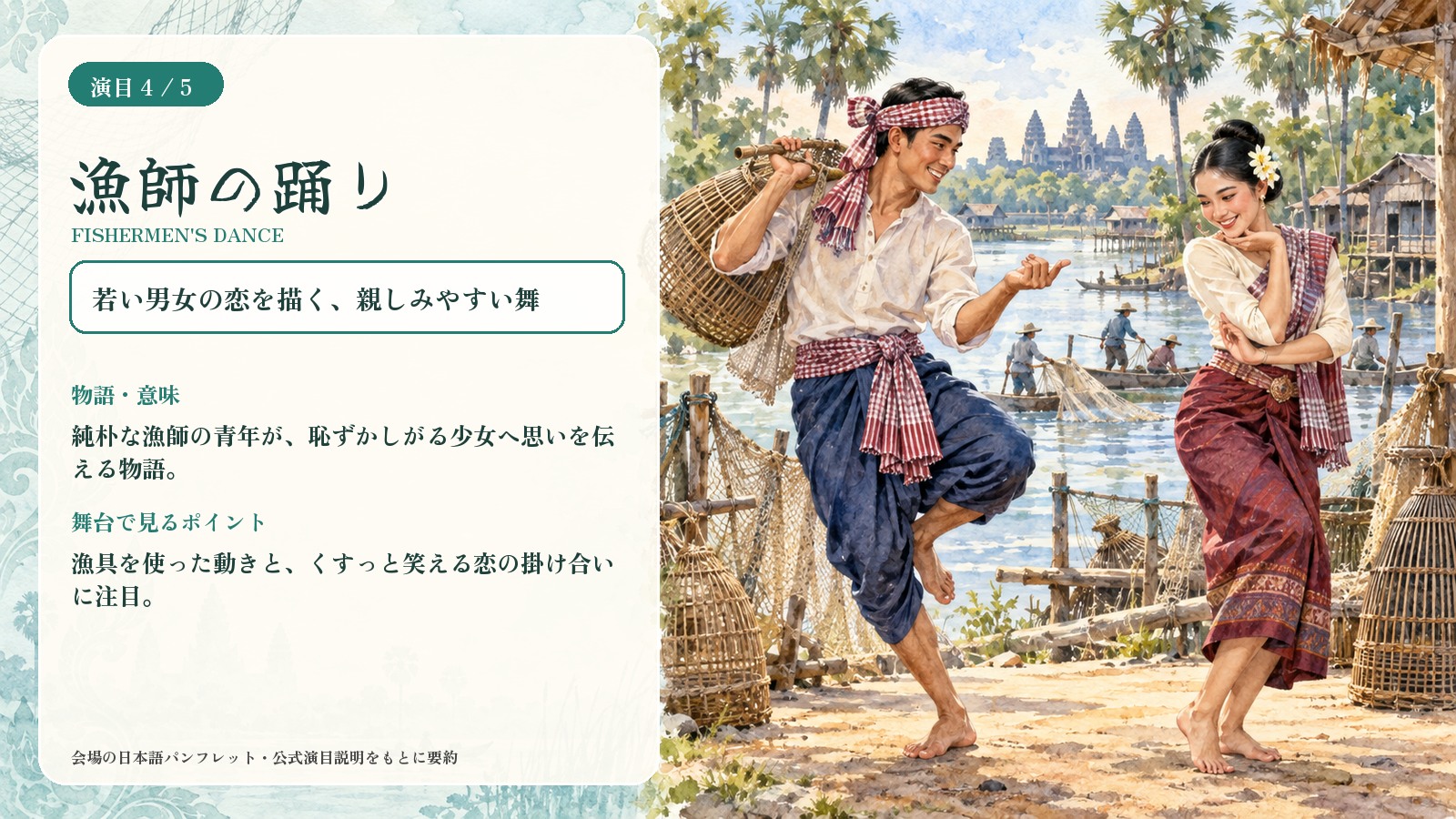 漁師の踊りの意味と舞台で見るポイントを説明する水彩インフォグラフィック