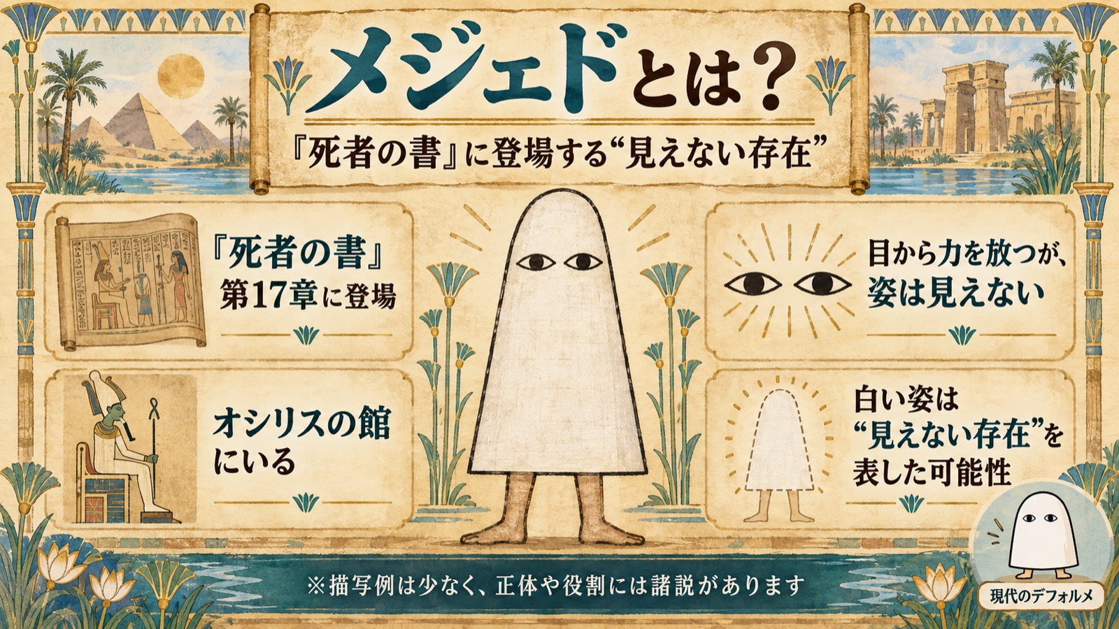 メジェドが死者の書第17章に登場する見えない存在であることを説明する図解