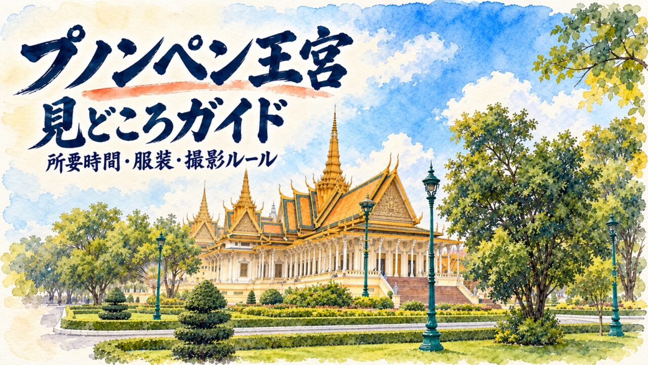 プノンペン王宮の即位殿と庭園を水彩で描き、濃紺の水彩筆文字で見どころガイドと記したアイキャッチ