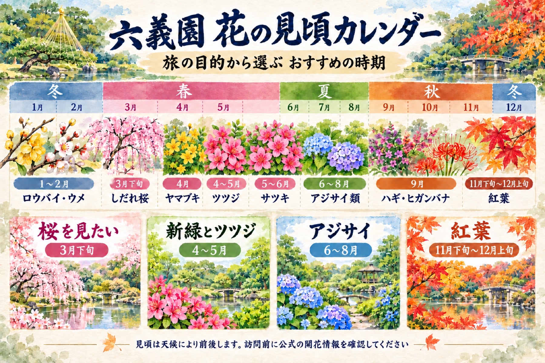 1月から12月までの六義園の主な花と桜、ツツジ、アジサイ類、紅葉のおすすめ時期