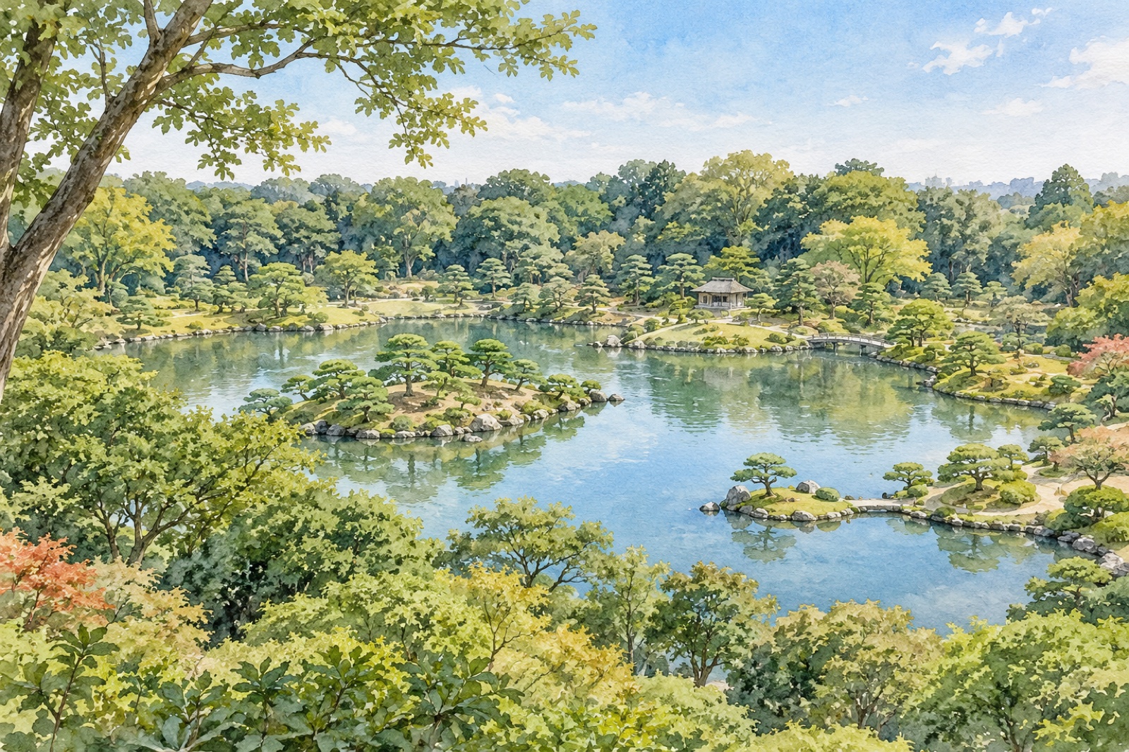 藤代峠の高台から大泉水と中の島を見渡す景観イメージ