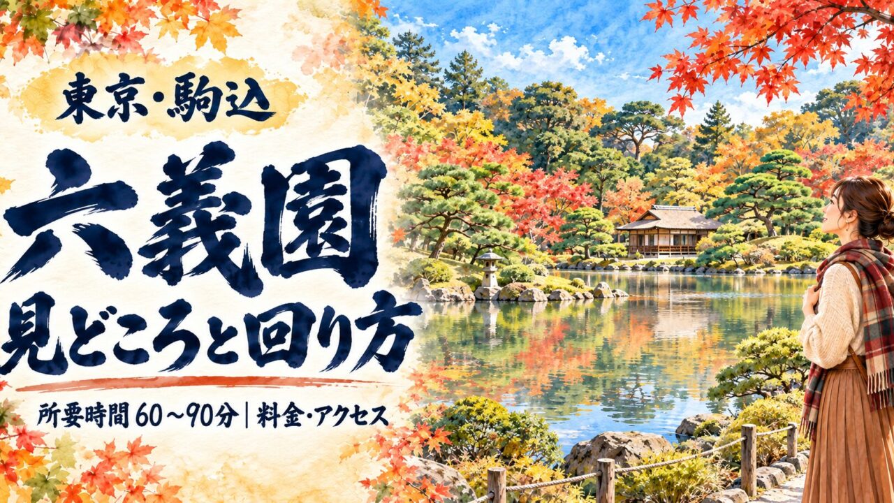 秋色の六義園の大泉水と松を背景に、六義園の見どころと回り方を太い筆文字で示したアイキャッチ