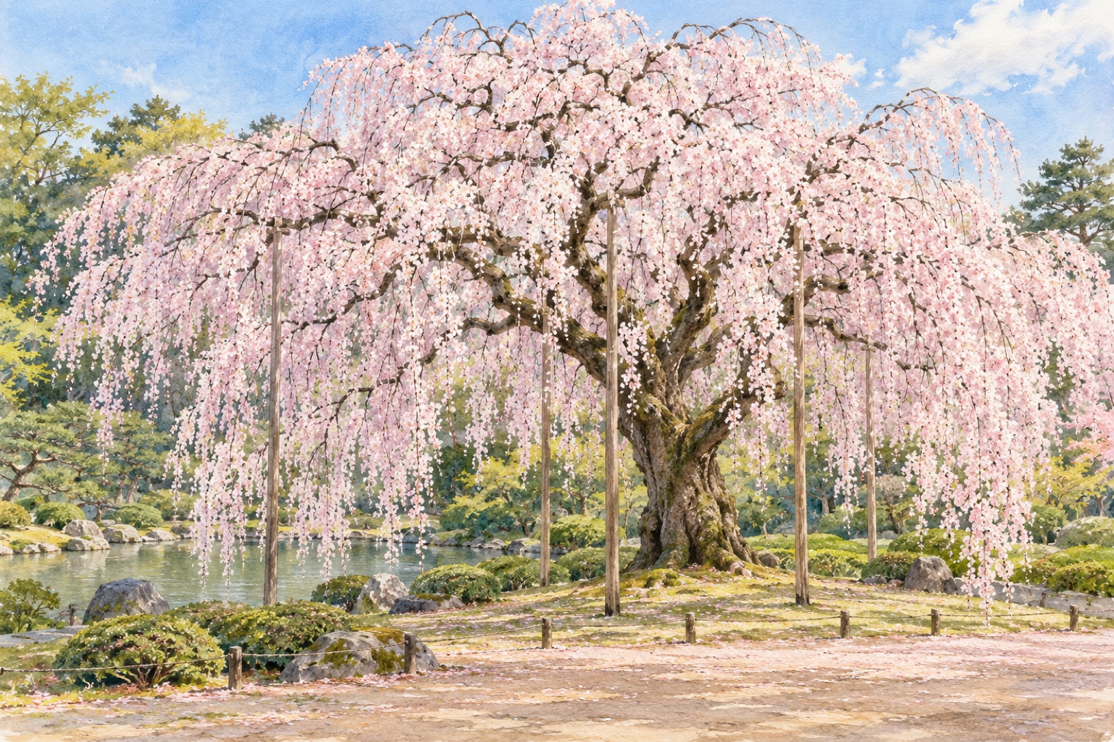 春に満開を迎えた六義園のしだれ桜のイメージ