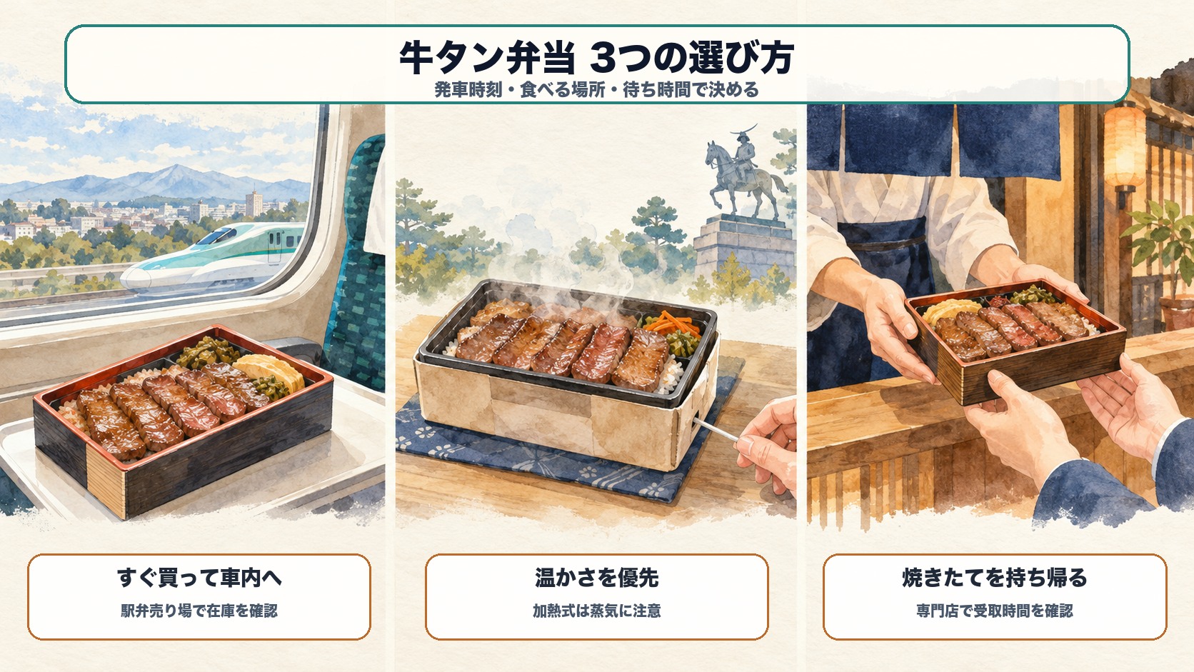 仙台駅の牛タン弁当を駅弁・加熱式・専門店の焼きたてから選ぶ水彩インフォグラフィック