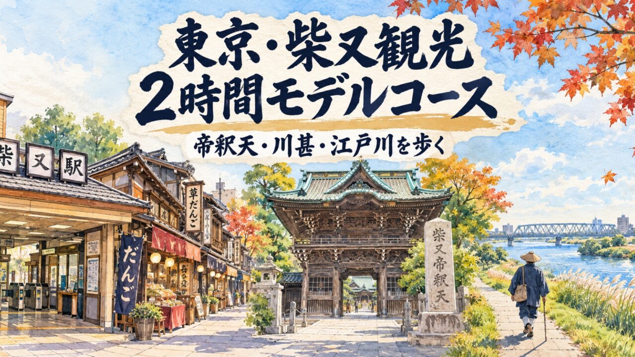 柴又の参道、帝釈天、江戸川を一続きに描き、柴又観光2時間モデルコースと記した水彩アイキャッチ