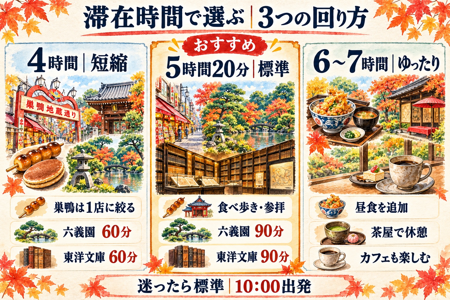 巣鴨・六義園・東洋文庫を4時間、5時間20分、6〜7時間で回る3つのプラン比較