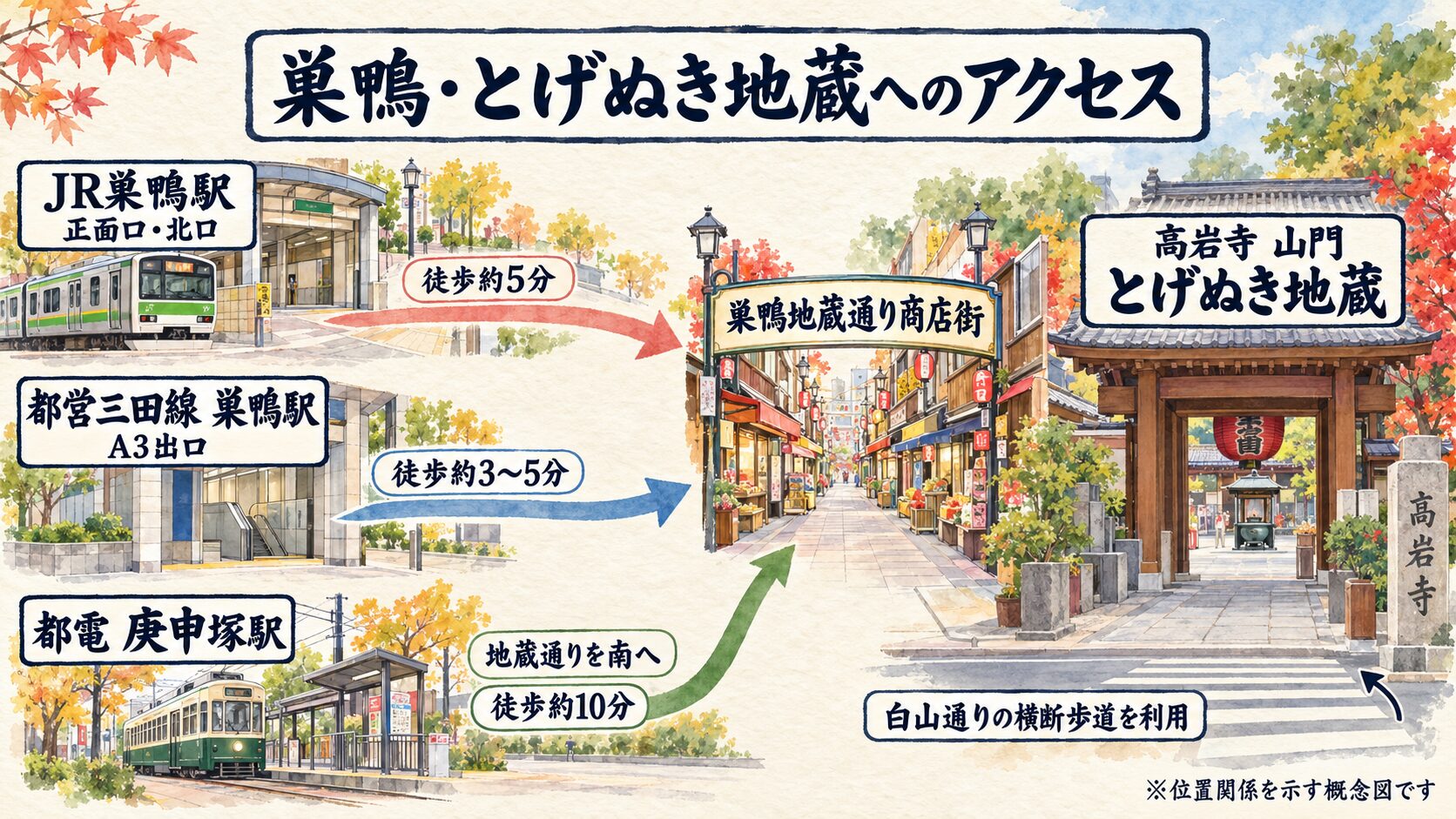 JR巣鴨駅、都営三田線巣鴨駅、都電庚申塚駅から高岩寺への歩き方を示した水彩風アクセス図