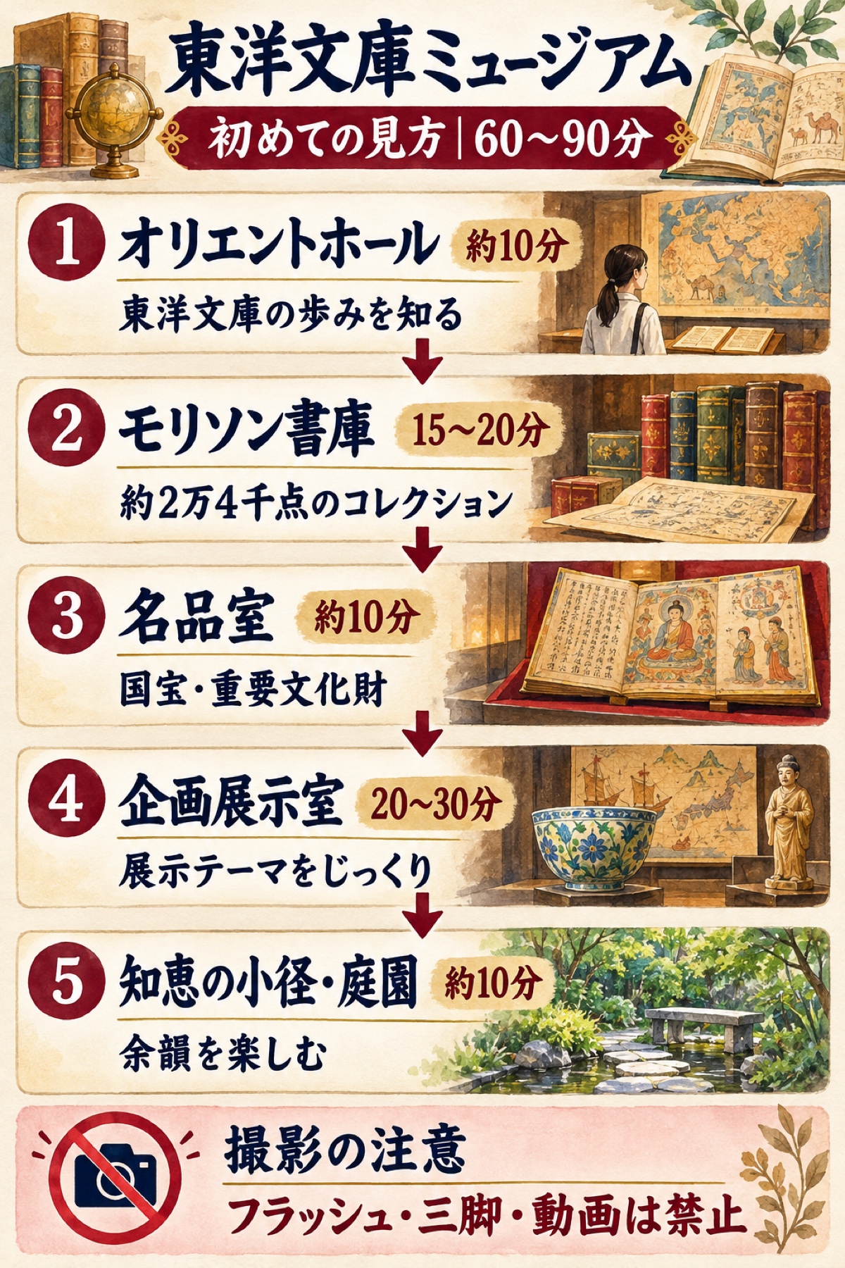 オリエントホール、モリソン書庫、名品室、企画展示室、知恵の小径・庭園を60分から90分で見る流れ