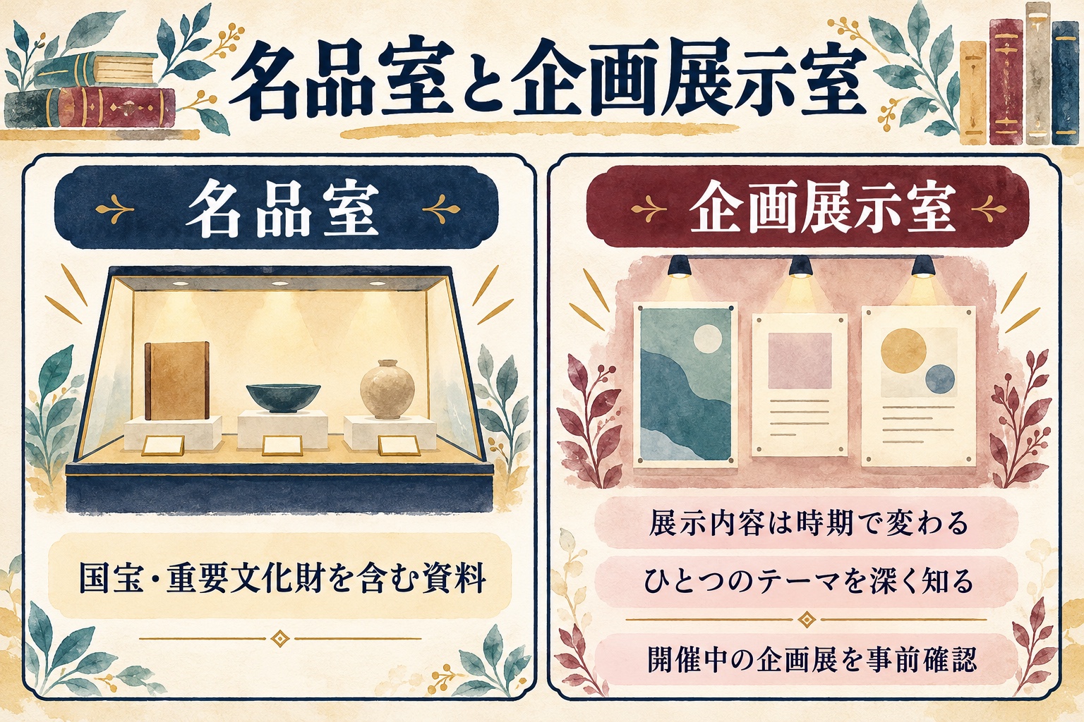 国宝や重要文化財を含む資料を見る名品室と、ひとつのテーマを深く知る企画展示室の違い