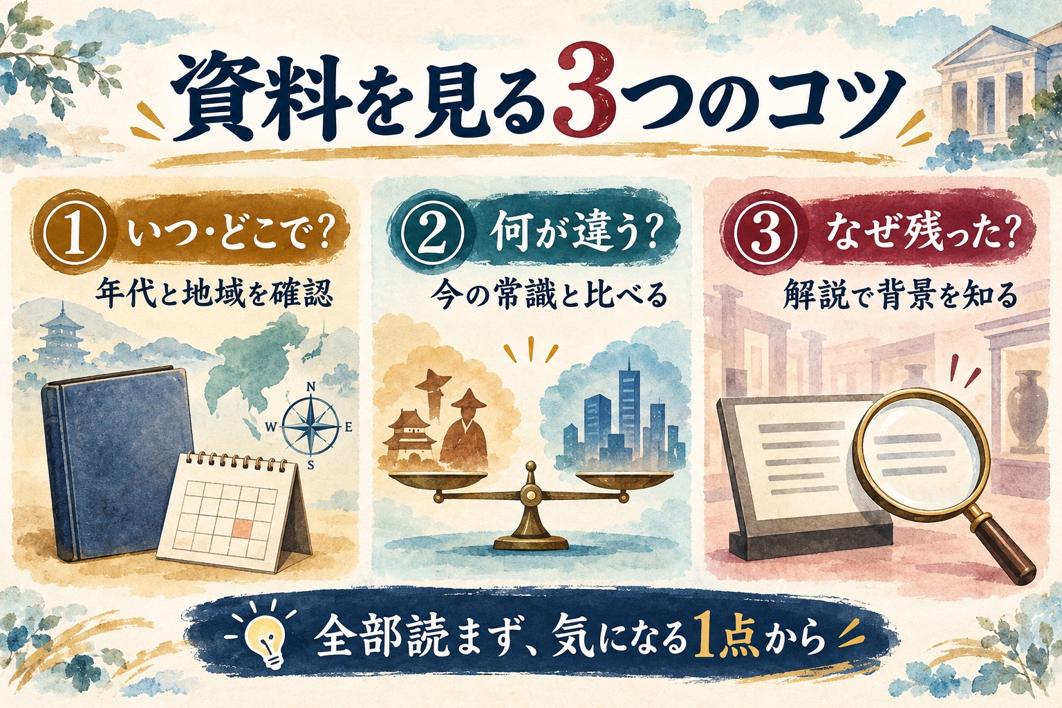 資料の年代と地域、現代との違い、残された背景に注目する3つの見方