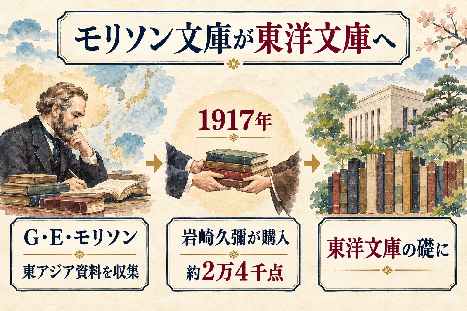 G・E・モリソンが収集した東アジア資料約2万4千点を岩崎久彌が1917年に購入し、東洋文庫の礎になった流れ