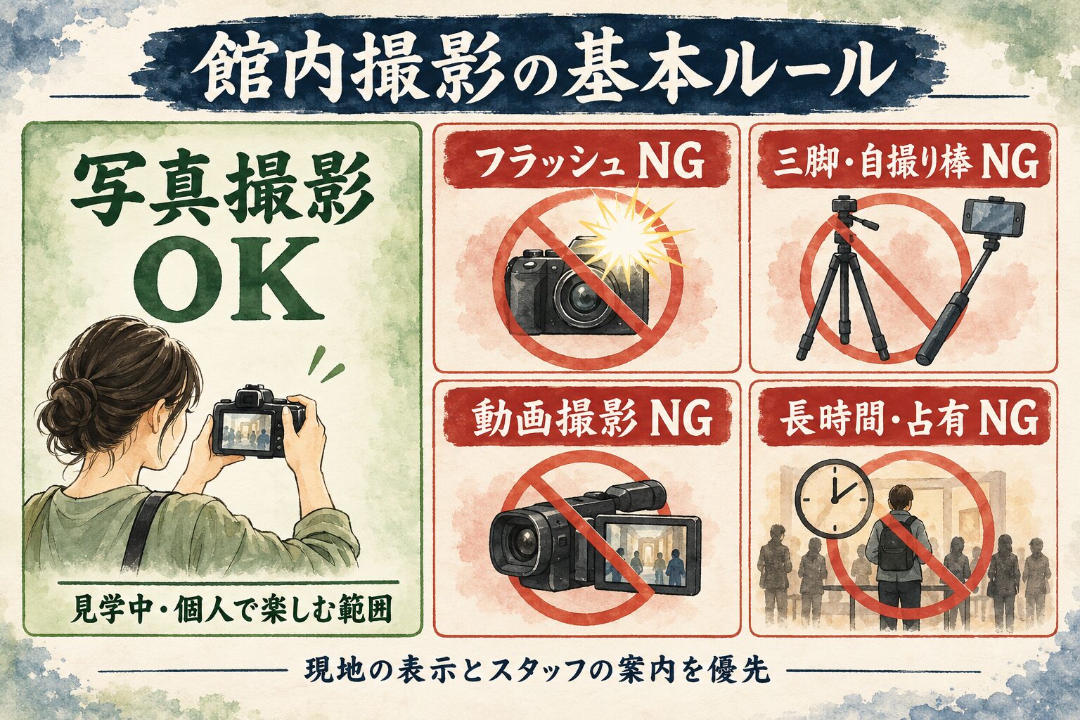 写真撮影は可能だがフラッシュ、三脚と自撮り棒、動画、長時間や占有撮影は禁止と示した案内