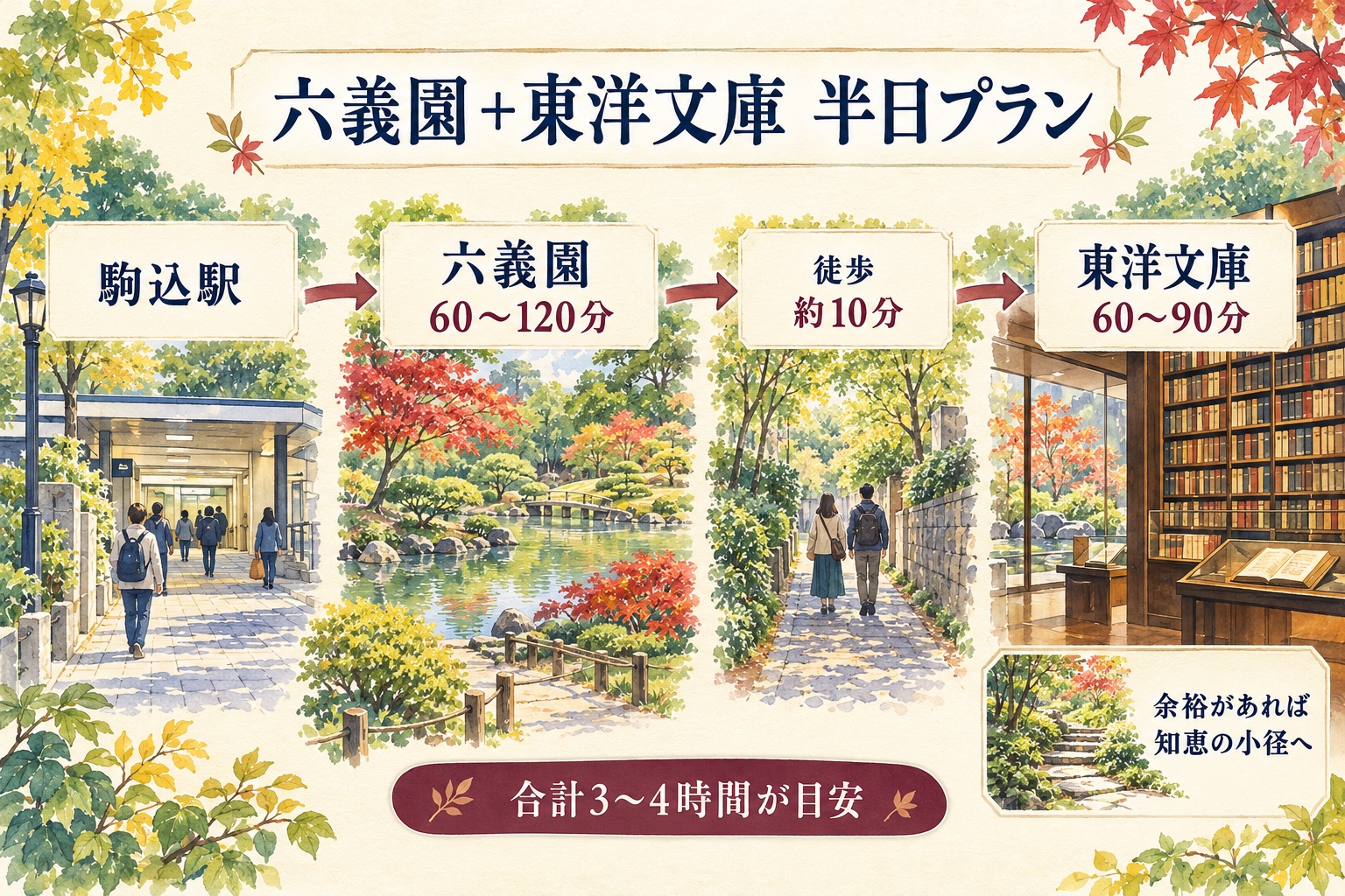 駒込駅から六義園を60分から120分散策し、徒歩約10分で東洋文庫へ移動して60分から90分見学する流れ