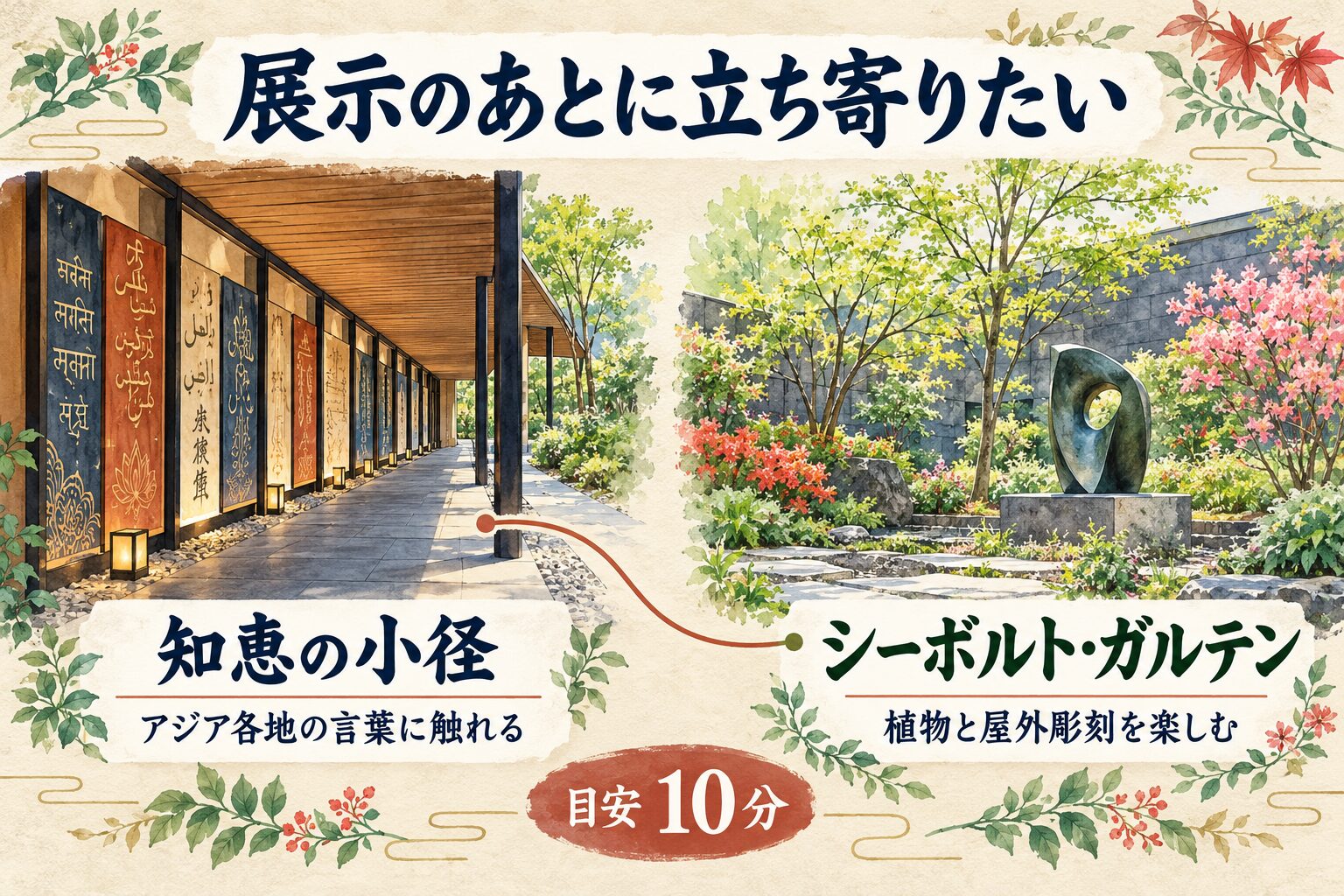 展示後に立ち寄れる知恵の小径とシーボルト・ガルテンを水彩で案内し、見学時間の目安10分を示した画像